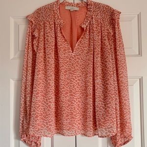 Loft long sleeve blouse size L color orange and white, smocked split neck